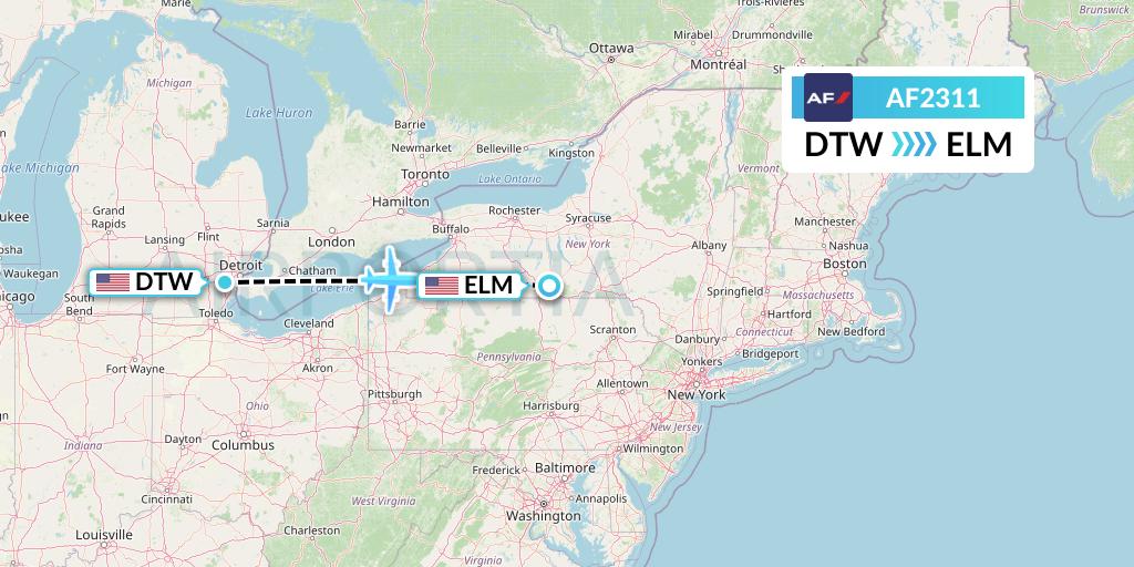 AF2311 Air France Flight Map: Detroit to Elmira