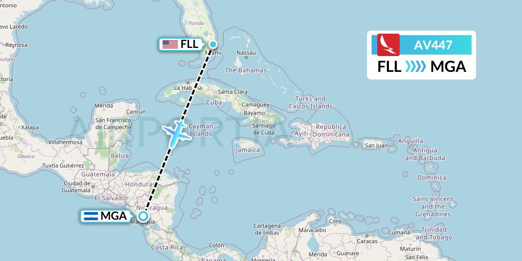 AV447 Avianca Flight Map: Fort Lauderdale to Managua