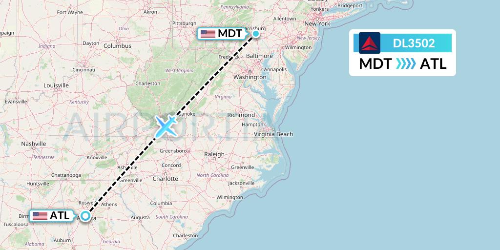 DL3502 Delta Air Lines Flight Map: Harrisburg to Atlanta