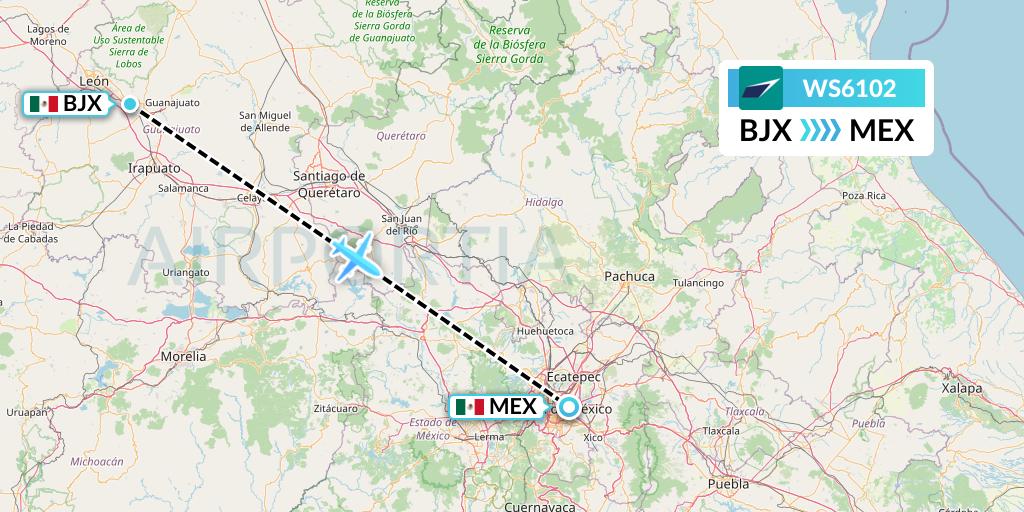 WS6102 WestJet Flight Map: Silao to Mexico City