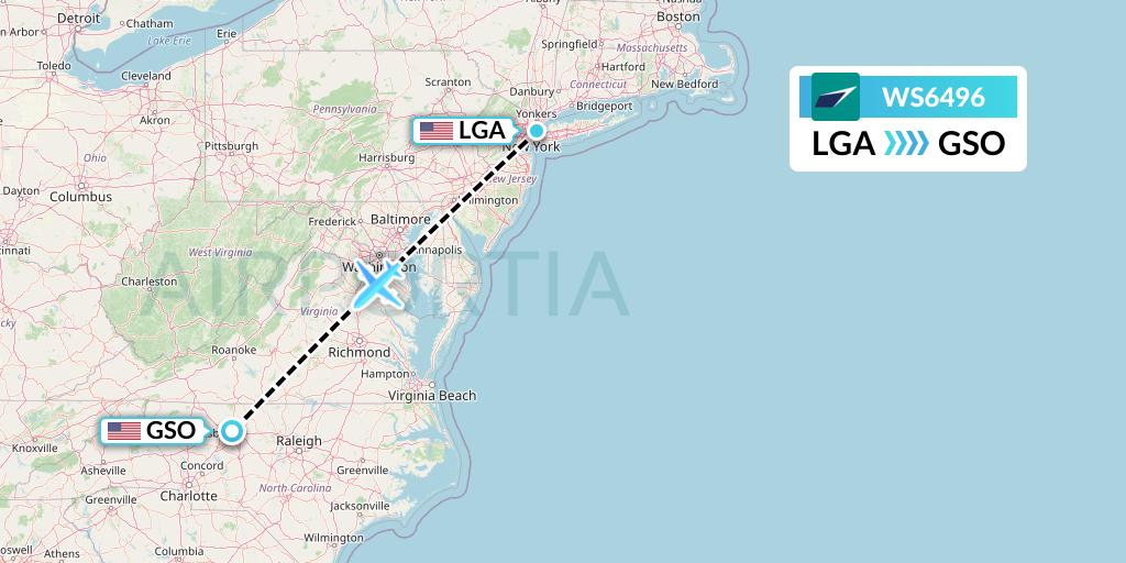 WS6496 WestJet Flight Map: New York to Greensboro