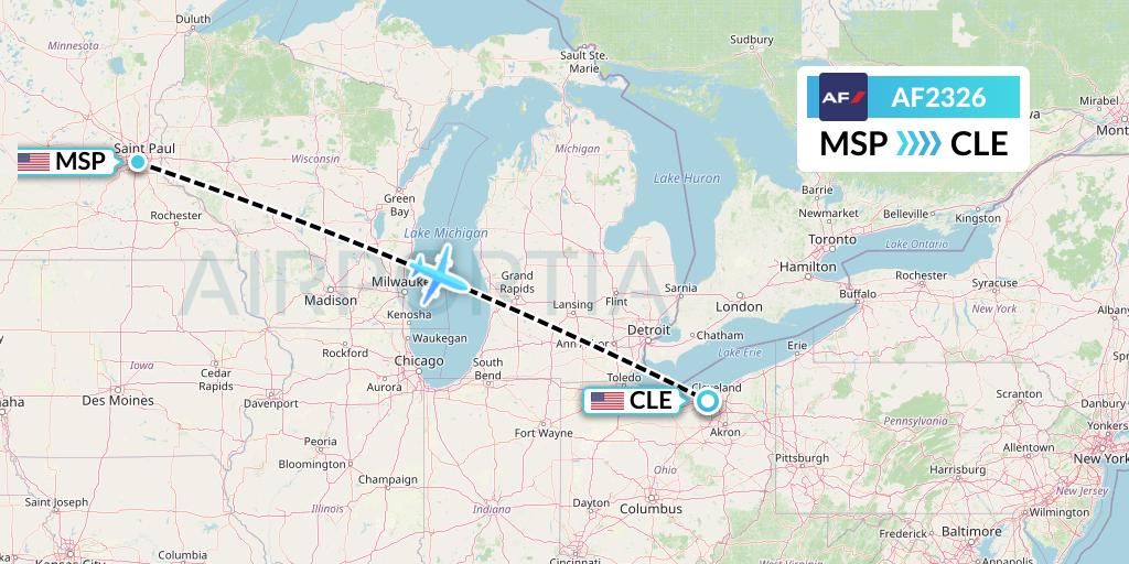 AF2326 Air France Flight Map: Minneapolis to Cleveland