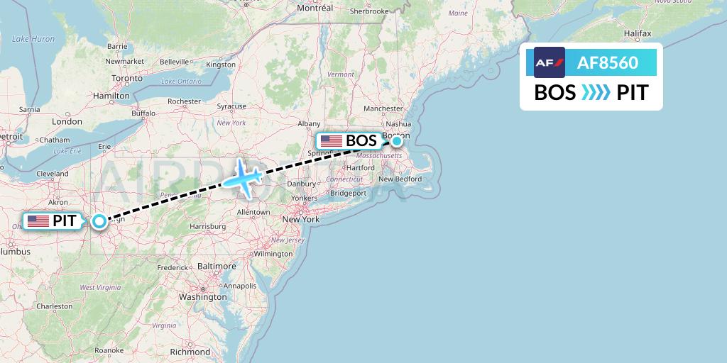AF8560 Air France Flight Map: Boston to Pittsburgh