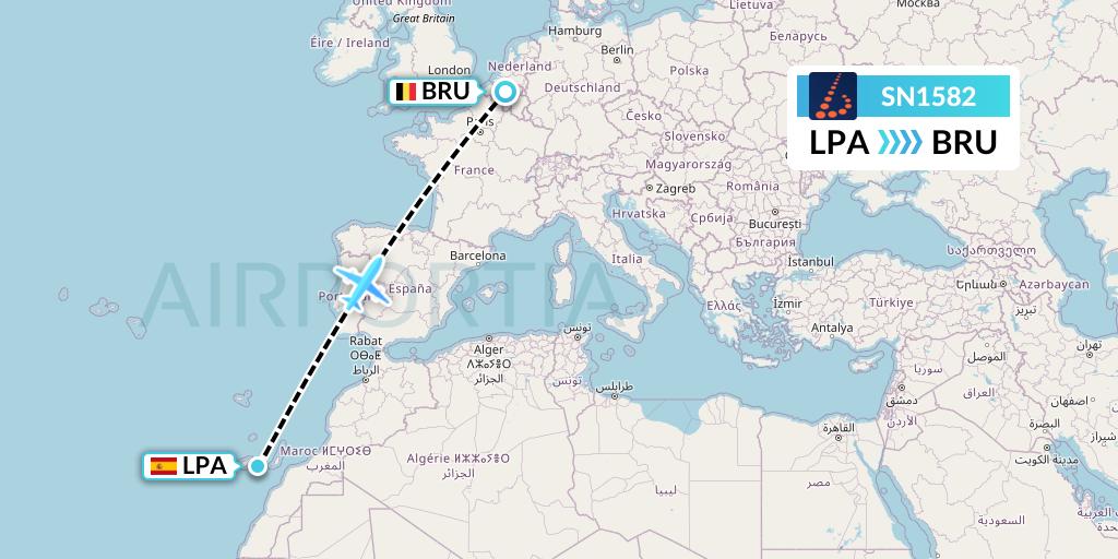 SN1582 Brussels Airlines Flight Map: Las Palmas to Brussels