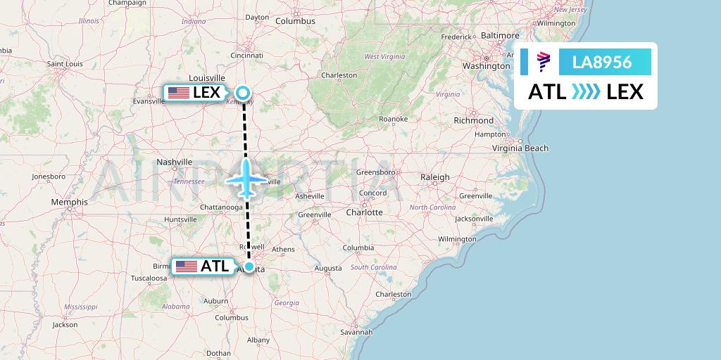 LA8956 LAN Airlines Flight Map: Atlanta to Lexington