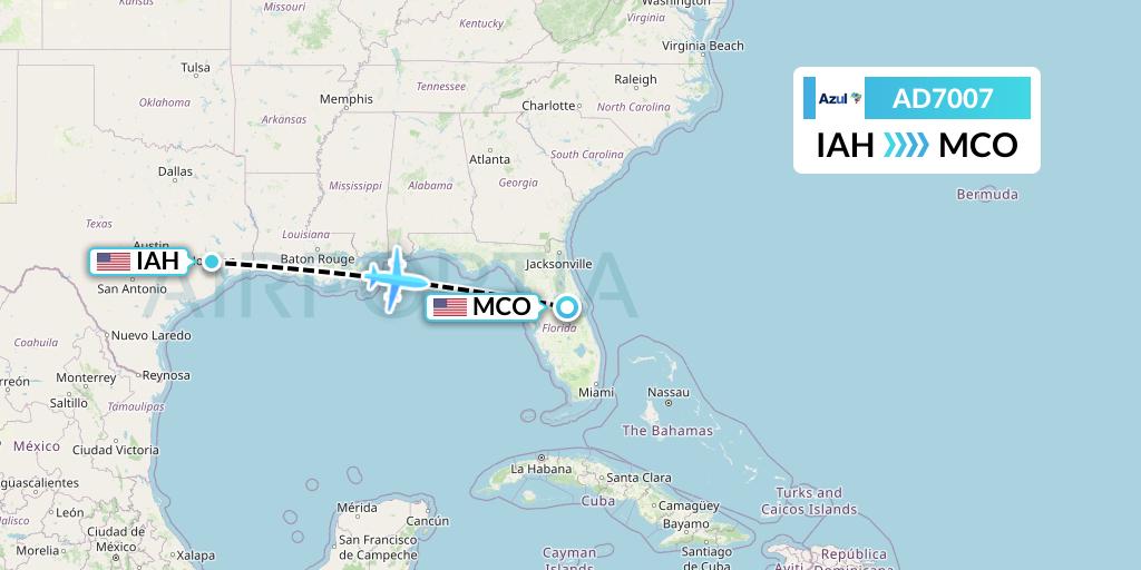AD7007 Azul Brazilian Airlines Flight Map: Houston to Orlando