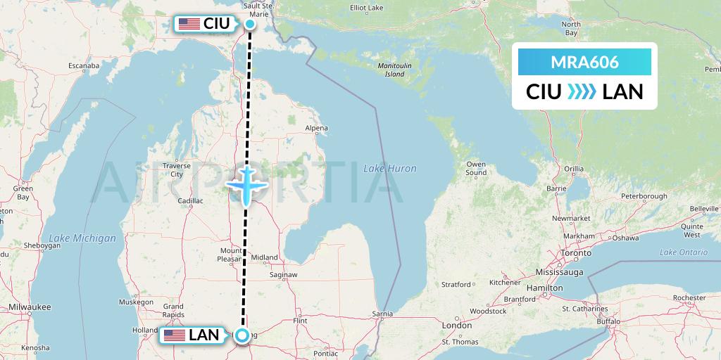 MRA606 Martinaire Flight Map: Sault Sainte Marie to Lansing