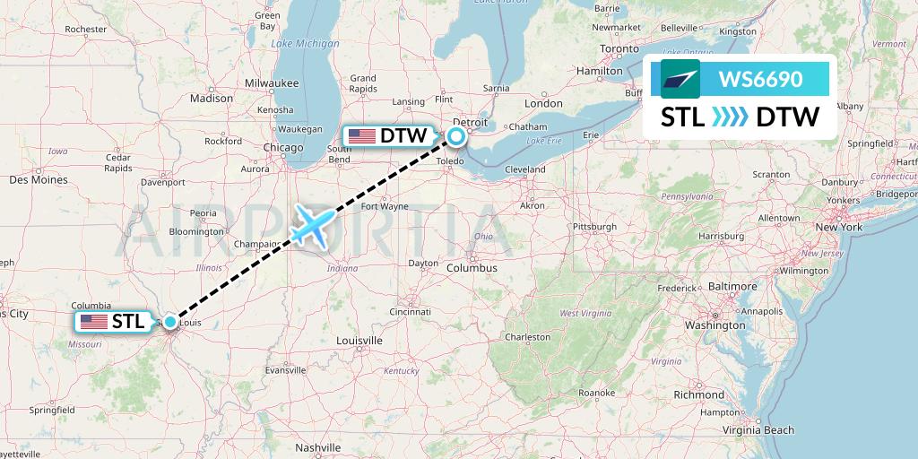 WS6690 WestJet Flight Map: St. Louis to Detroit