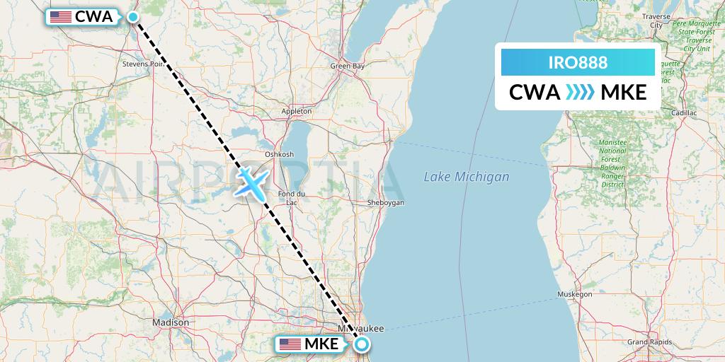 IRO888 CSA Air Flight Map: Wausau to Milwaukee