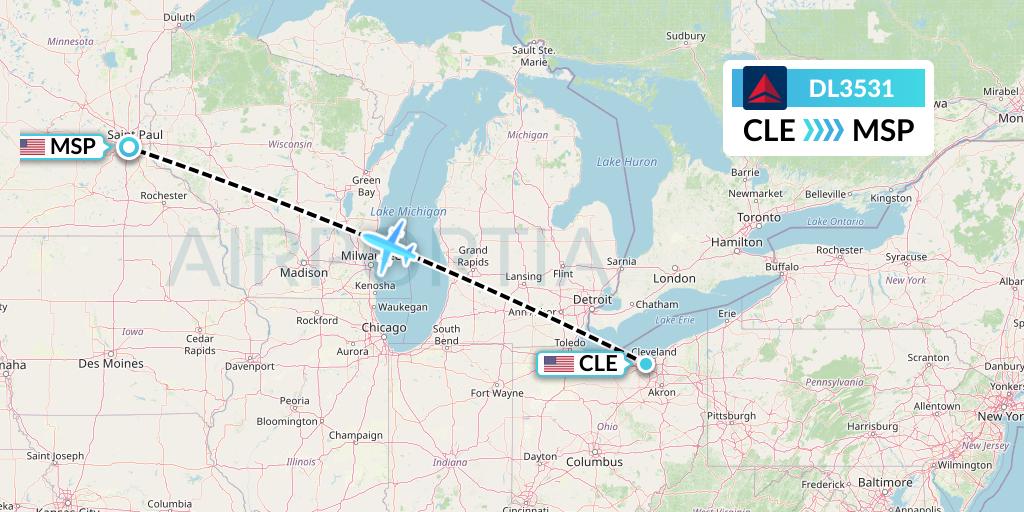 DL3531 Delta Air Lines Flight Map: Cleveland to Minneapolis