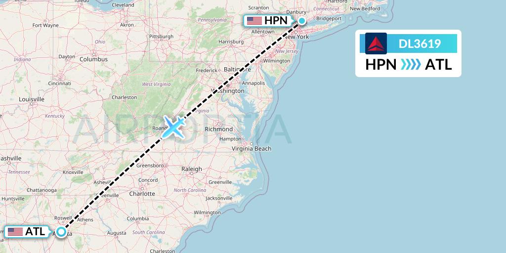 DL3619 Delta Air Lines Flight Map: White Plains to Atlanta