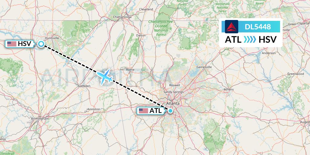 DL5448 Delta Air Lines Flight Map: Atlanta to Huntsville