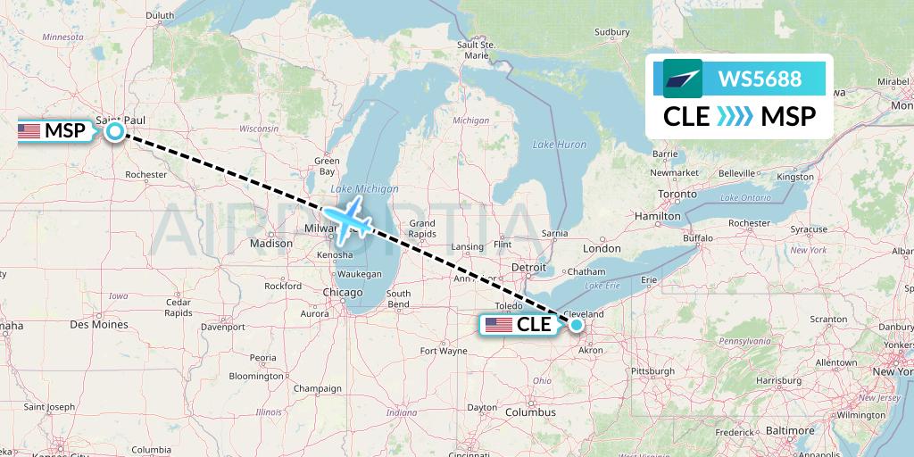 WS5688 WestJet Flight Map: Cleveland to Minneapolis