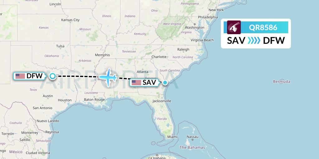 QR8586 Qatar Airways Flight Map: Savannah to Dallas
