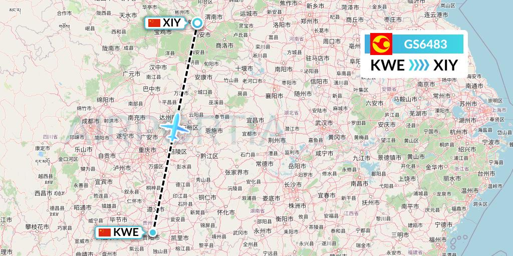 GS6483 Tianjin Airlines Flight Map: Guiyang to Xi'an