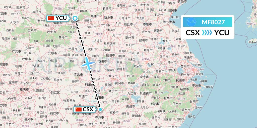 MF8027 Xiamen Airlines Flight Map: Changsha to Yuncheng