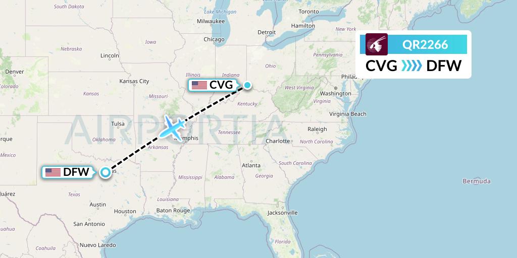 QR2266 Qatar Airways Flight Map: Cincinnati to Dallas