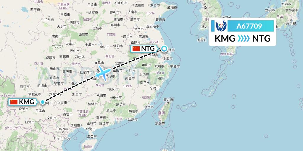 A67709 Hongtu Airlines Flight Map: Kunming to Nantong