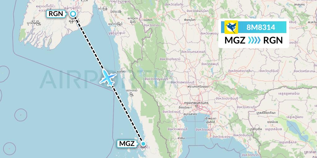 8M8314 Myanmar Airways International Flight Map: Myeik to Yangon