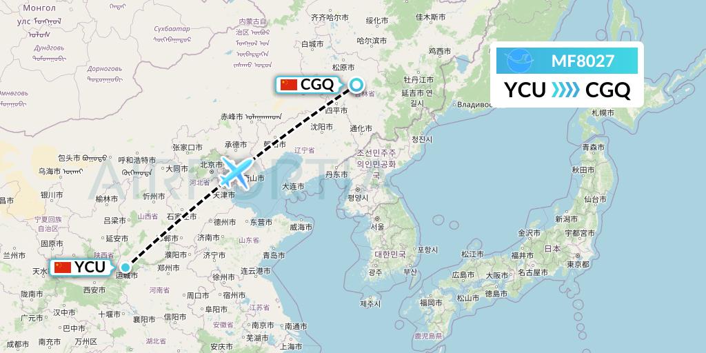 MF8027 Xiamen Airlines Flight Map: Yuncheng to Changchun