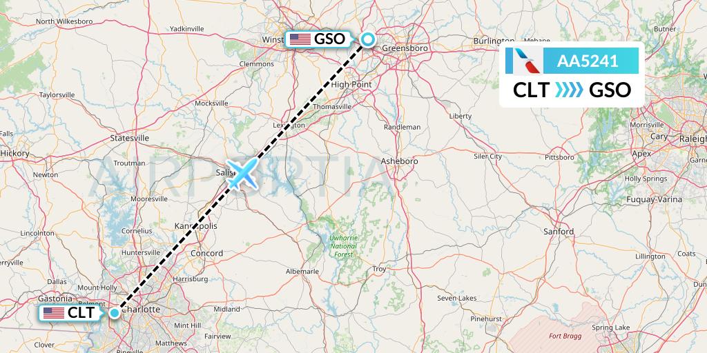 AA5241 American Airlines Flight Map: Charlotte to Greensboro