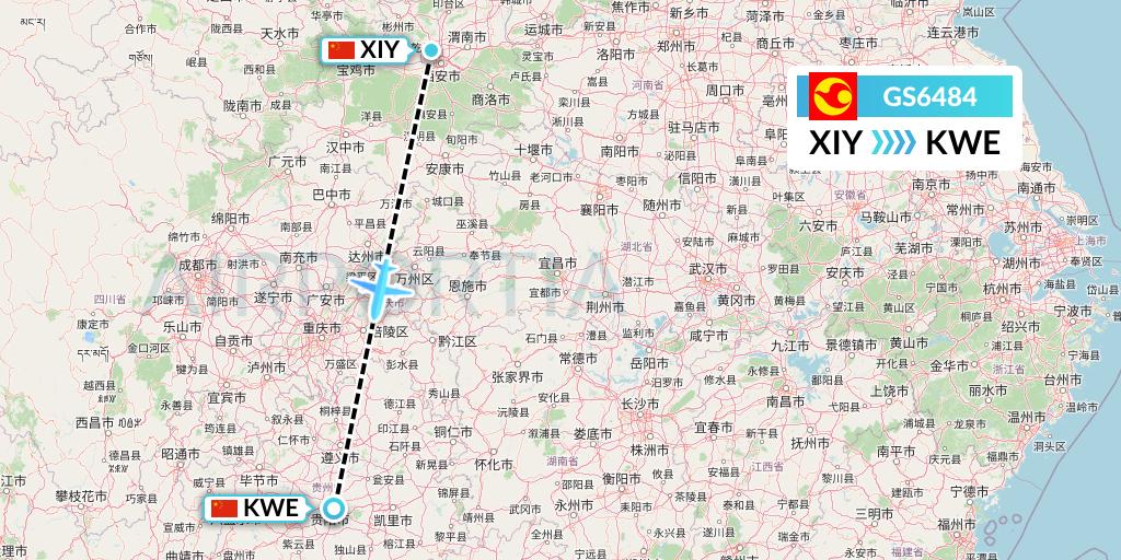GS6484 Tianjin Airlines Flight Map: Xi'an to Guiyang