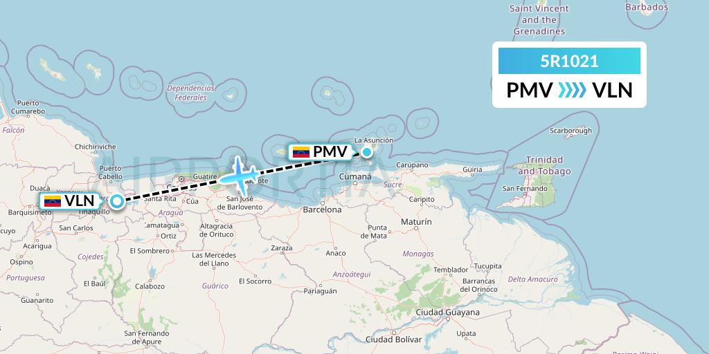 5R1021 Rutaca Airlines Flight Map: Porlamar to Valencia