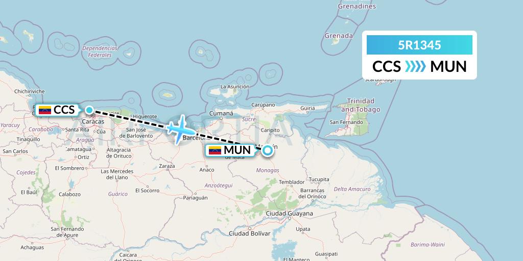 5R1345 Rutaca Airlines Flight Map: Caracas to Maturin