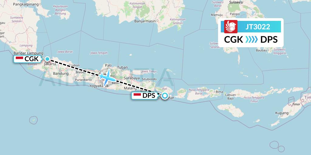 JT3022 Lion Airlines Flight Map: Jakarta to Denpasar