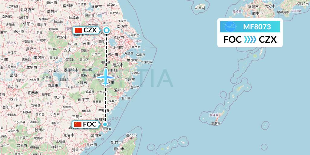 MF8073 Xiamen Airlines Flight Map: Fuzhou to Changzhou