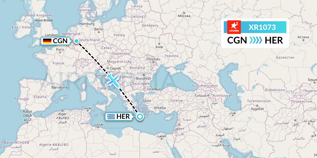 XR1073 Corendon Airlines Europe Flight Map: Cologne to Heraklion