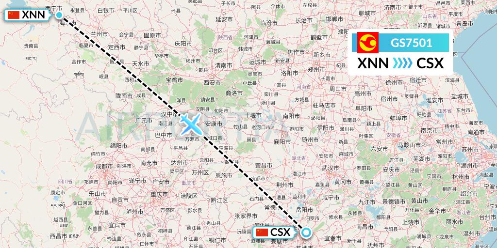 GS7501 Tianjin Airlines Flight Map: Xining to Changsha