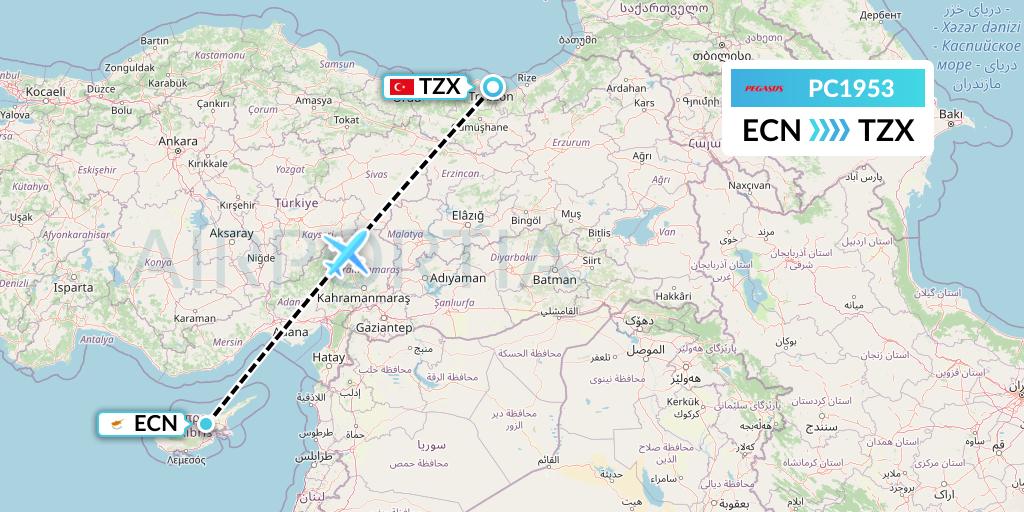 PC1953 Pegasus Airlines Flight Map: Tymvou to Trabzon