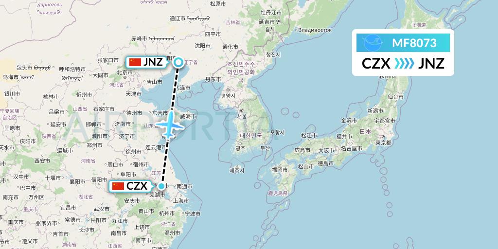 MF8073 Xiamen Airlines Flight Map: Changzhou to Jinzhou