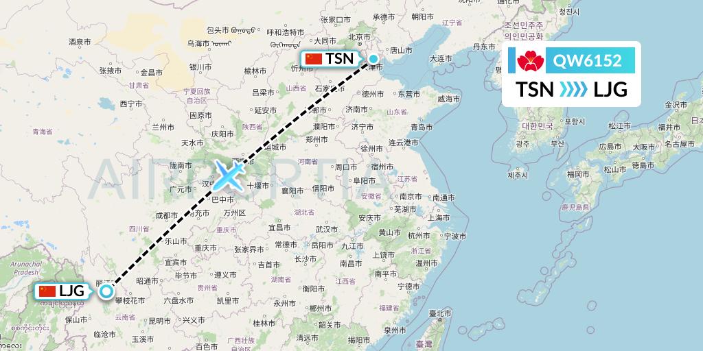 QW6152 Qingdao Airlines Flight Map: Tianjin to Lijiang