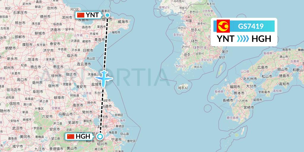 GS7419 Tianjin Airlines Flight Map: Yantai to Hangzhou