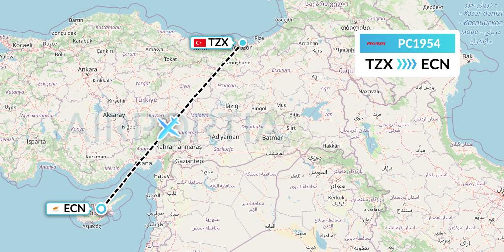PC1954 Pegasus Airlines Flight Map: Trabzon to Tymvou