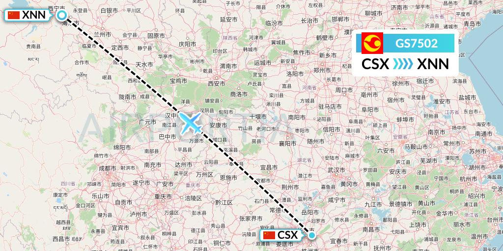 GS7502 Tianjin Airlines Flight Map: Changsha to Xining