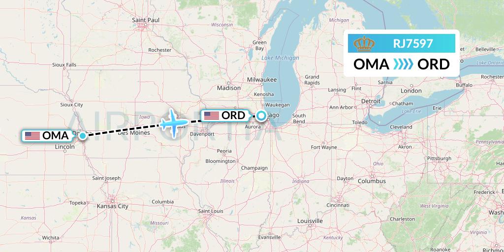 RJ7597 Royal Jordanian Flight Map: Omaha to Chicago