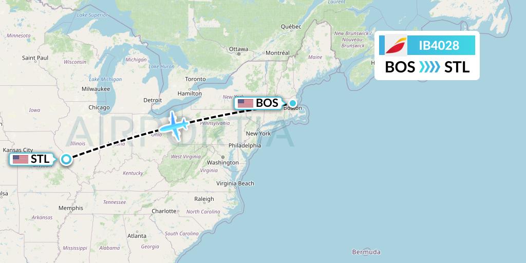 IB4028 Iberia Flight Map: Boston to St. Louis