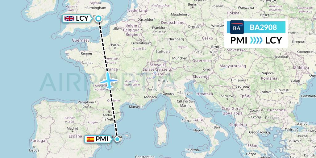 BA2908 British Airways Flight Map: Palma de Mallorca to London
