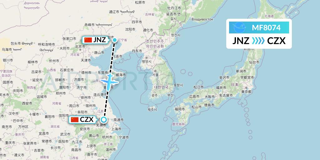 MF8074 Xiamen Airlines Flight Map: Jinzhou to Changzhou