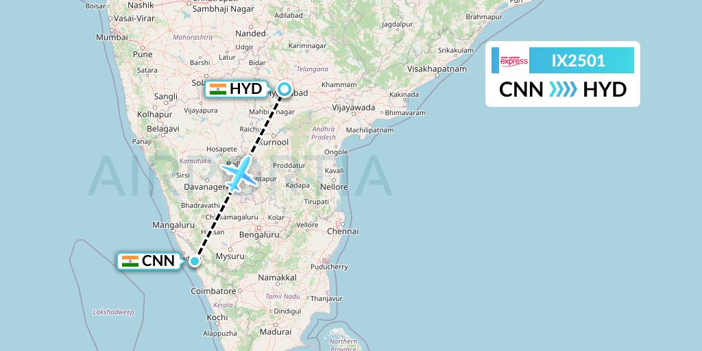 IX2501 Air India Express Flight Map: Mattannur to Hyderabad