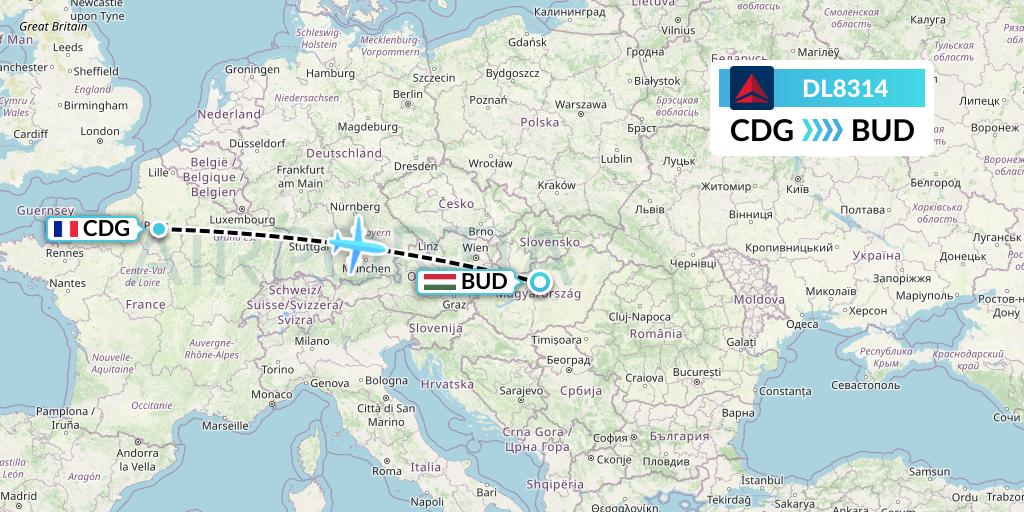 DL8314 Delta Air Lines Flight Map: Paris to Budapest