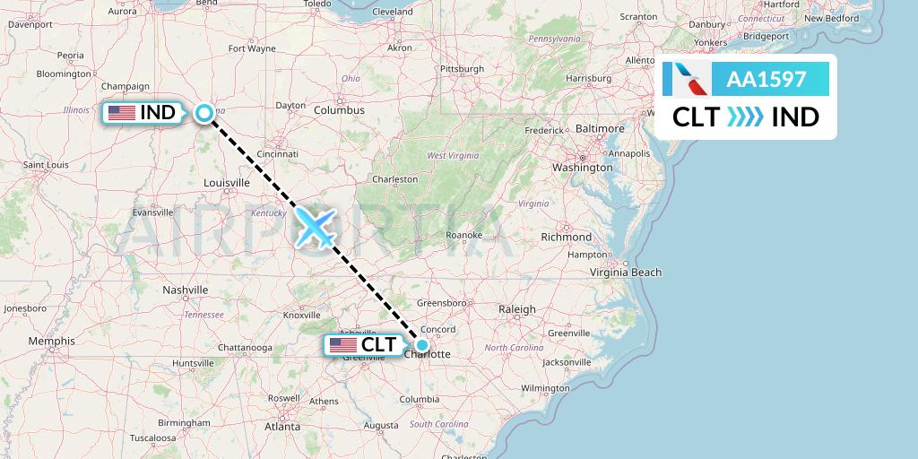 AA1597 American Airlines Flight Map: Charlotte to Indianapolis