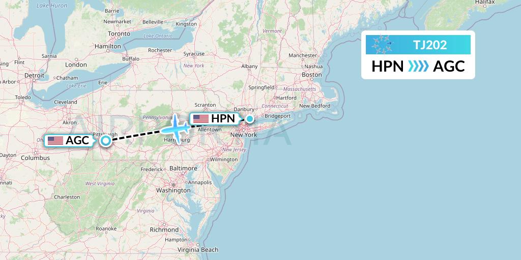 TJ202 Tradewind Aviation Flight Map: White Plains to Pittsburgh