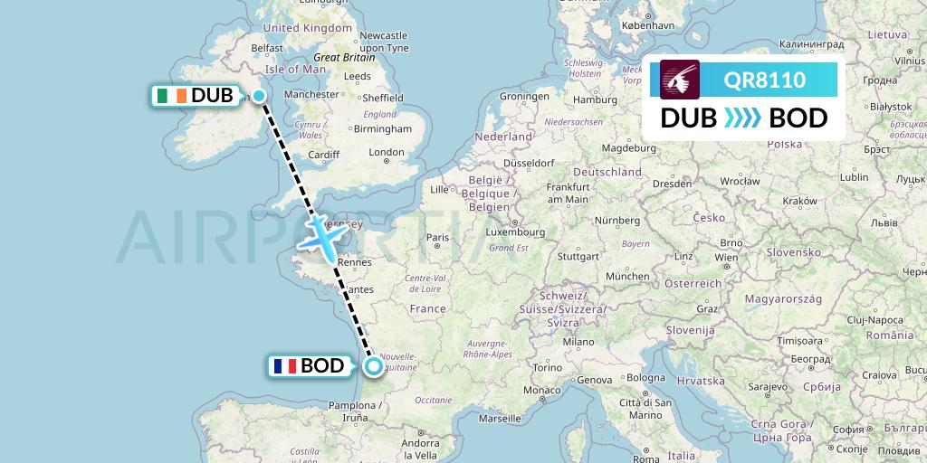 QR8110 Qatar Airways Flight Map: Dublin to Bordeaux