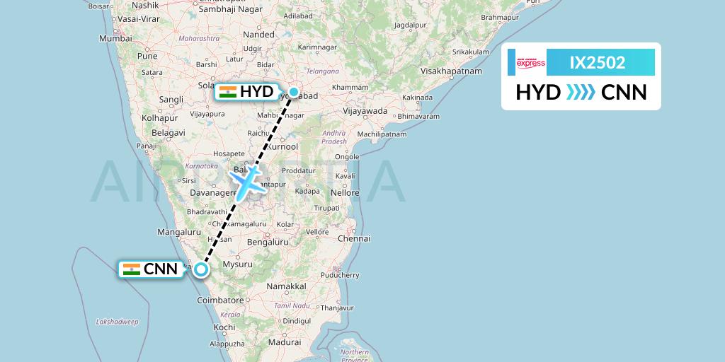 IX2502 Air India Express Flight Map: Hyderabad to Mattannur