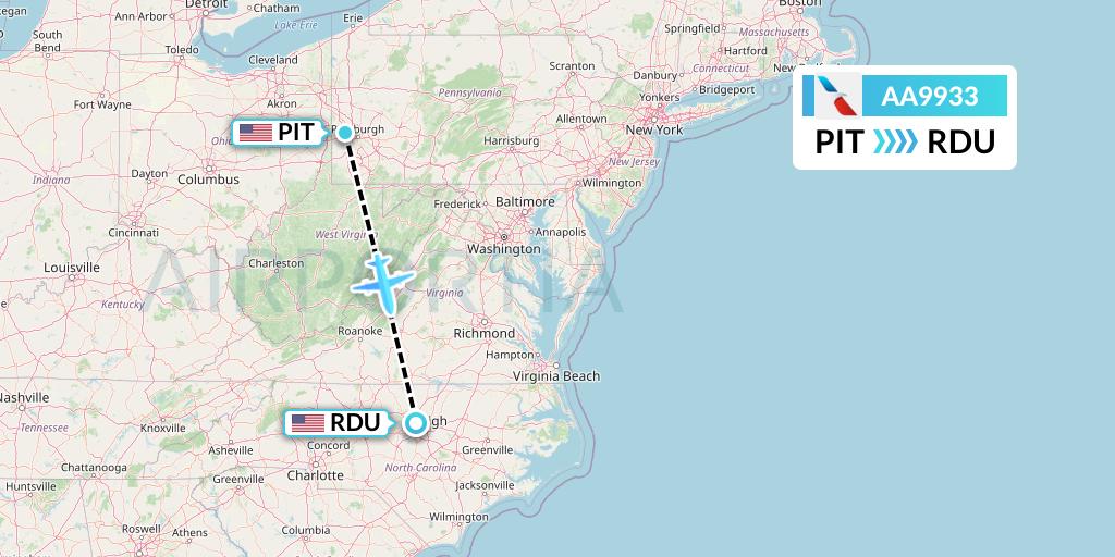 AA9933 American Airlines Flight Map: Pittsburgh to Raleigh-Durham