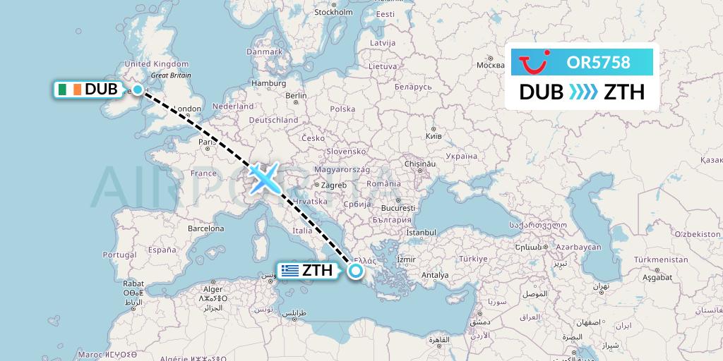 OR5758 TUI fly Netherlands Flight Map: Dublin to Zakynthos